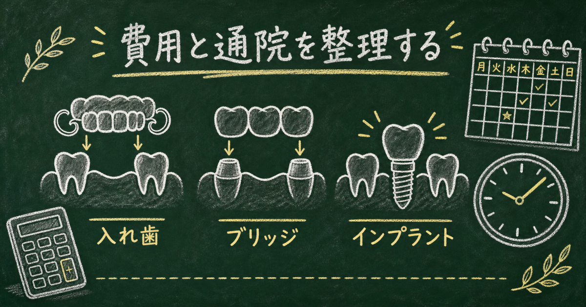 忙しい方の歯の選択｜入れ歯・ブリッジ・インプラントの費用と通院