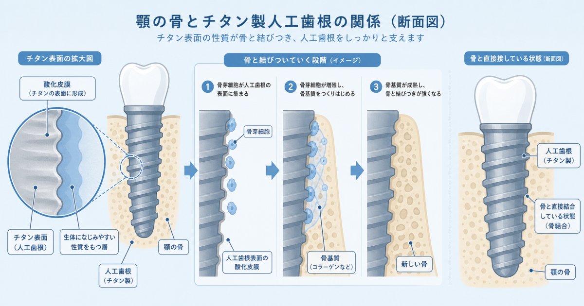 チタンが骨と結合するオッセオインテグレーションの仕組み